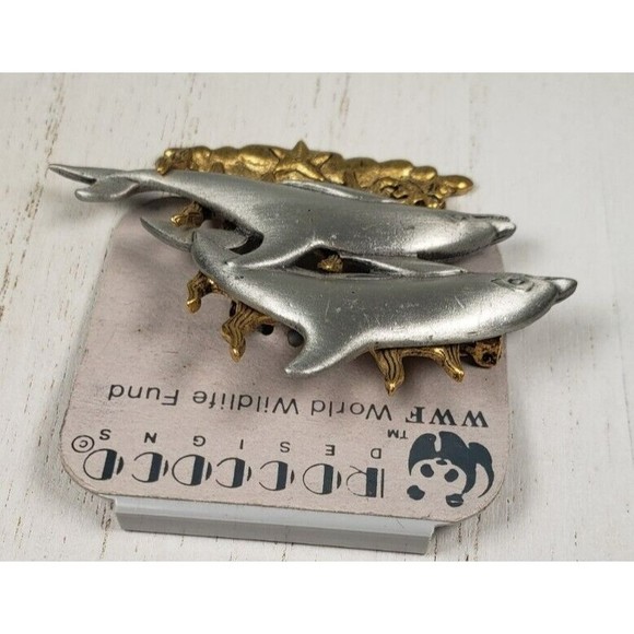 Vintage JJ Jonette Two Playful Dophins Swimming in Seaweed Brooch Pin - Picture 5 of 10